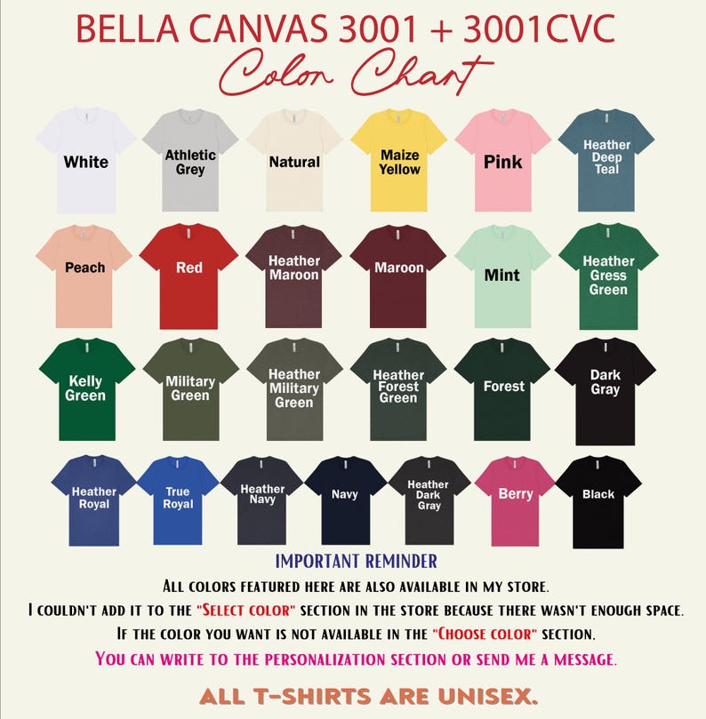a color chart for various t-shirt colors, including white, athletic grey, natural, malaise yellow, pink, heather teal, peach, red, maroon, mint, forest green, dark grey, navy, true royal, heather, berry, black, and navy.