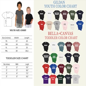The image is a colorful youth size chart and toddler size chart, providing sizes and color options for various clothing items such as t-shirts, t-shirts, and hoodies.