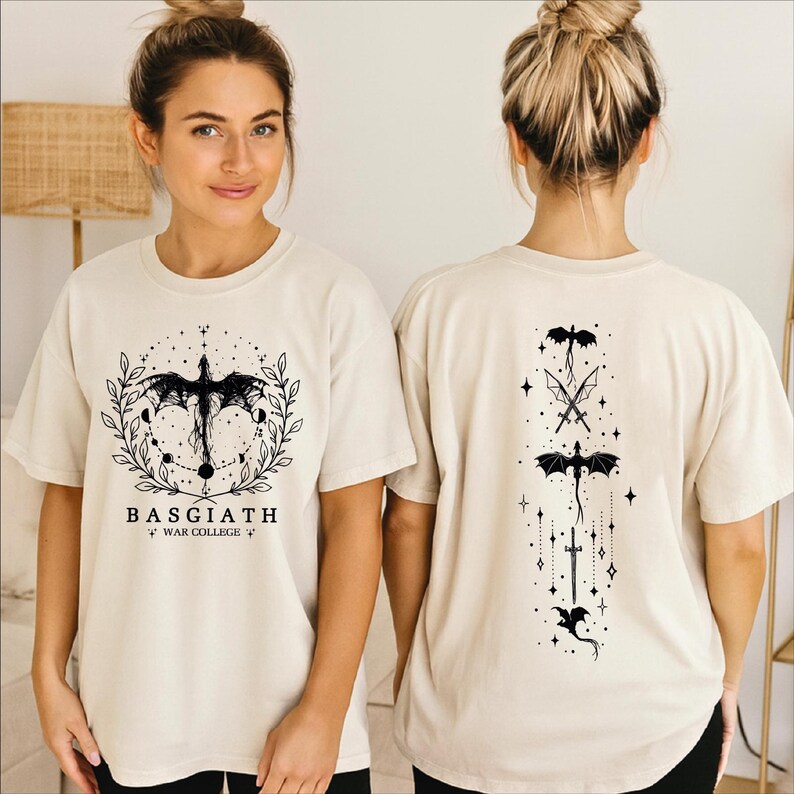 A woman wearing a white t-shirt with a graphic design featuring a dragon and the text "BASGIATH WAR CILBERT".