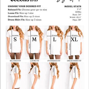 The image is a size guide for a dress shirt, featuring six different sizes for a relaxed fit, loose fit, oversized fit, and dress shirt fit. The guide provides measurements and descriptions for each size, allowing the viewer to choose their preferred fit based on their size and style preferences.