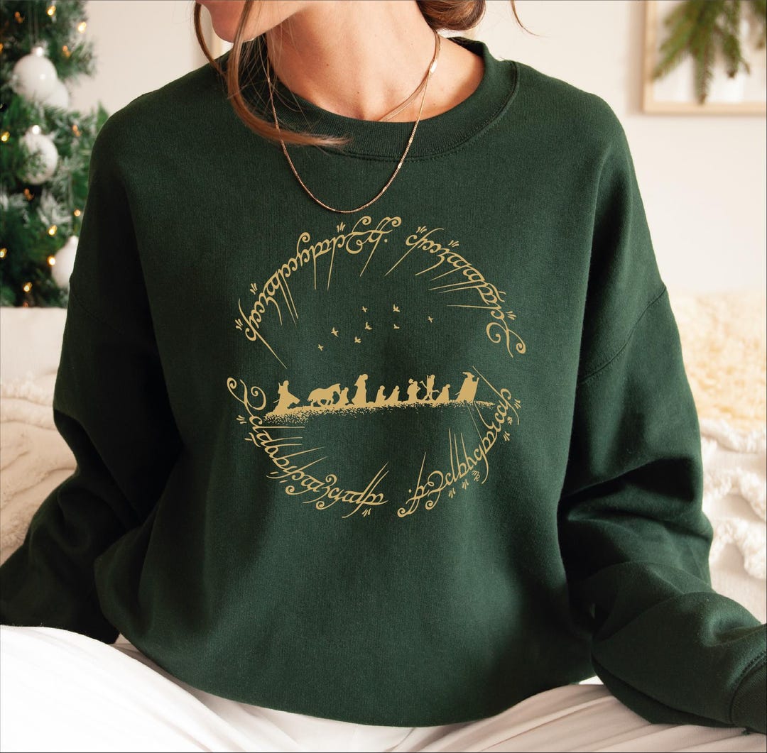 Fantasy Adventure Silhouette Sweatshirt, Epic Fellowship Journey Sweatshirt, Elvish Script Ring Design, Mythical Quest Graphic Gift - Etsy