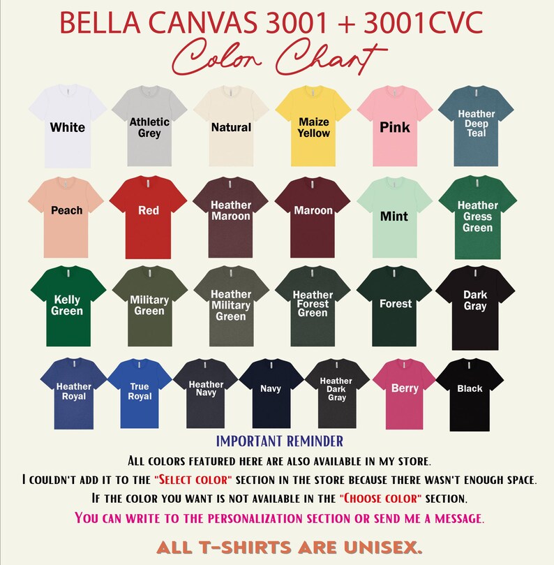 a color chart for various t-shirt colors, including white, athletic grey, natural, malaise yellow, pink, heather teal, peach, red, maroon, mint, forest green, dark grey, navy, true royal, heather, berry, black, and navy.