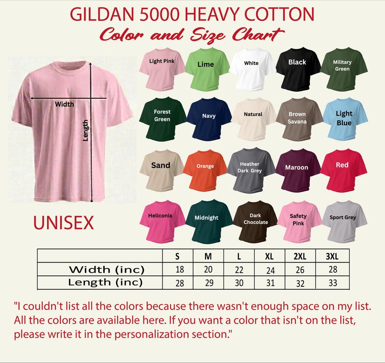 The image is a color and size chart for a GILDA 5000 Heavy Cotton t-shirt. It includes a variety of colors and sizes, along with a list of available colors and sizes. The chart provides a visual representation of the different options for the t-shirt, allowing customers to choose the color and size that best suits their preferences.