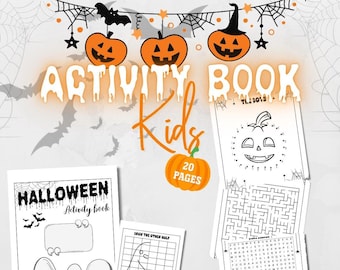 May include: A black and white Halloween activity book for kids with 20 pages. The cover features a ghost with a big smile and a full moon. The book includes a variety of activities, such as mazes, dot-to-dot, and word searches.