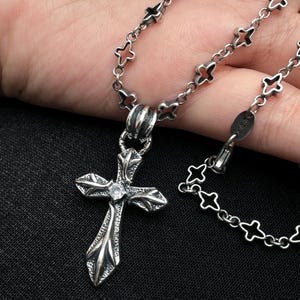 Sterling Silver Diamond Cross Pendant: Gothic Carved Chain Necklace