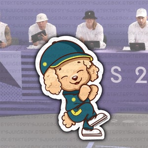 May include: A sticker featuring a cartoon poodle wearing a blue cap and matching outfit, with a yellow sun emblem. The poodle is smiling and appears to be dancing. The sticker has a white border and the text "TEDDY'SJUICEBOX" is visible.
