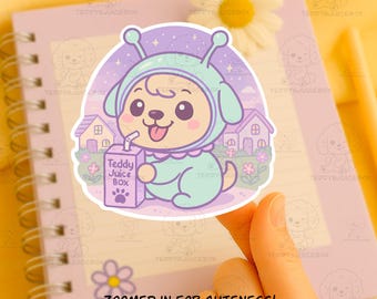 Pup Snack Invasion Sticker – Cute Alien Cartoon Dog , Laptop & Water Bottle Sticker