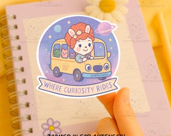 Where Curiosity Rides! Sticker – Cute Cartoon School Bus Sticker, Y2K Aesthetic, Laptop & Water Bottle Sticker