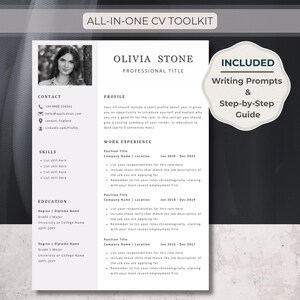 Puede incluir: Plantilla de currículum vitae con el título "ALL-IN-ONE CV TOOLKIT" con secciones para datos de contacto, habilidades y experiencia laboral. Incluye "Writing Prompts & Step-by-Step Guide". Ideal para candidaturas en España.