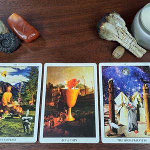 Puede incluir: Tres cartas de tarot, La Emperatriz, As de Copas y La Suma Sacerdotisa, dispuestas sobre una mesa de madera. La carta de La Emperatriz presenta a una mujer sentada en un trono con una corona de hojas, rodeada de exuberante vegetaci&oacute;n. La carta de As de Copas muestra un c&aacute;liz dorado rebosante de agua y un pez rojo saltando. La carta de La Suma Sacerdotisa representa a una mujer de pie entre dos pilares, con una luna creciente y estrellas en el fondo.