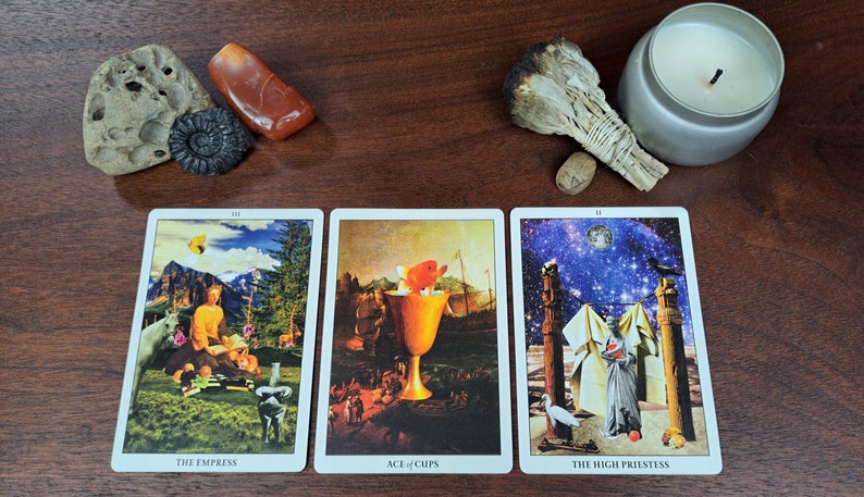 Puede incluir: Tres cartas de tarot, La Emperatriz, As de Copas y La Suma Sacerdotisa, dispuestas sobre una mesa de madera. La carta de La Emperatriz presenta a una mujer sentada en un trono con una corona de hojas, rodeada de exuberante vegetaci&oacute;n. La carta de As de Copas muestra un c&aacute;liz dorado rebosante de agua y un pez rojo saltando. La carta de La Suma Sacerdotisa representa a una mujer de pie entre dos pilares, con una luna creciente y estrellas en el fondo.