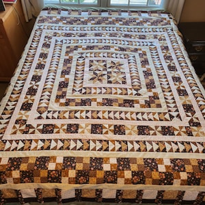 Edredón superior sin terminar, tamaño individual/completo, 72" x 84", patchwork - Patrones Flying Geese, LeMoyne Star, Pinwheel y Four Patch, tela 100% algodón