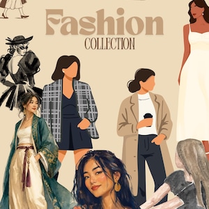 May include: A digital illustration titled Fashion COLLECTION featuring various figures in diverse outfits, including a teal patterned robe, a plaid blazer, a beige coat, and a floral top, alongside silhouettes of dresses and accessories.