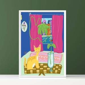 Original Art Digital Download Art Print Instant Download &quot;Orange Cat Big City&quot; PDF PNG Printable Art Orange Cat Wall Art Pink Blue Art
