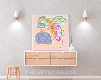 May include: A digital illustration of a whimsical creature with a pink crystal, a blue brain, and a yellow background. The creature has a long, thin body and a large head with a single eye. The crystal is surrounded by a swirling blue and pink pattern. The brain is partially obscured by the creature's body. The background is a light pink colour with a few clouds.
