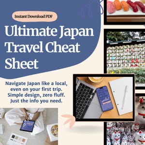 Op de afbeelding: Een digitale download met de titel "Ultimate Japan Travel Cheat Sheet" met de tekst "Instant Download PDF". De afbeelding bevat een laptop, een smartphone met reisinformatie en een persoon die een tablet gebruikt.
