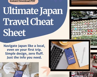 Peut inclure: Téléchargement numérique intitulé "Ultimate Japan Travel Cheat Sheet" avec le texte "Téléchargement instantané PDF". L'image comprend un ordinateur portable, un smartphone affichant des informations de voyage et une personne utilisant une tablette.
