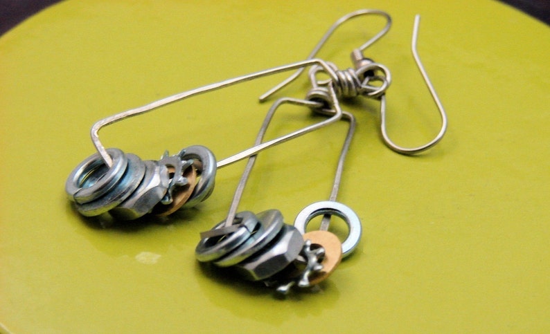 Steampunk Drop Earrings Long Hoop Dangles Hardware Jewelry Eco Friendly Mixed Metal image 3