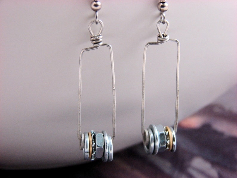 Steampunk Drop Earrings Long Hoop Dangles Hardware Jewelry Eco Friendly Mixed Metal image 4