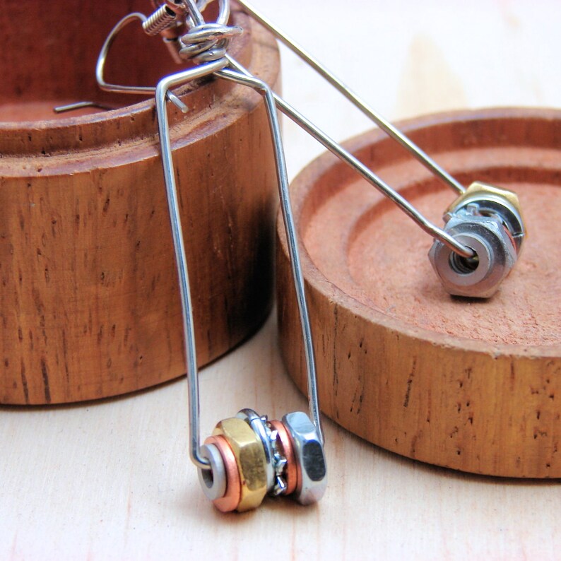 Steampunk Drop Earrings Long Hoop Dangles Hardware Jewelry Eco Friendly Mixed Metal image 1