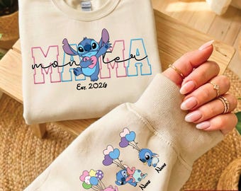 Sudadera personalizada de Stitch para mamá, sudadera para el Día de la Madre, suéter de Stitch, sudadera de Monstruo Azul, jersey con nombre de niño en la manga, Stitch de Disney