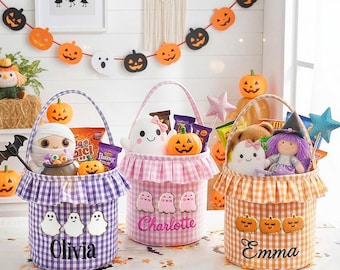 Cesta Boo, linda cesta con volantes de fantasma para Halloween, bolsa de dulces de Halloween bordada, cubo de Halloween para niña, bolsa de truco o trato para niño, regalo de Halloween