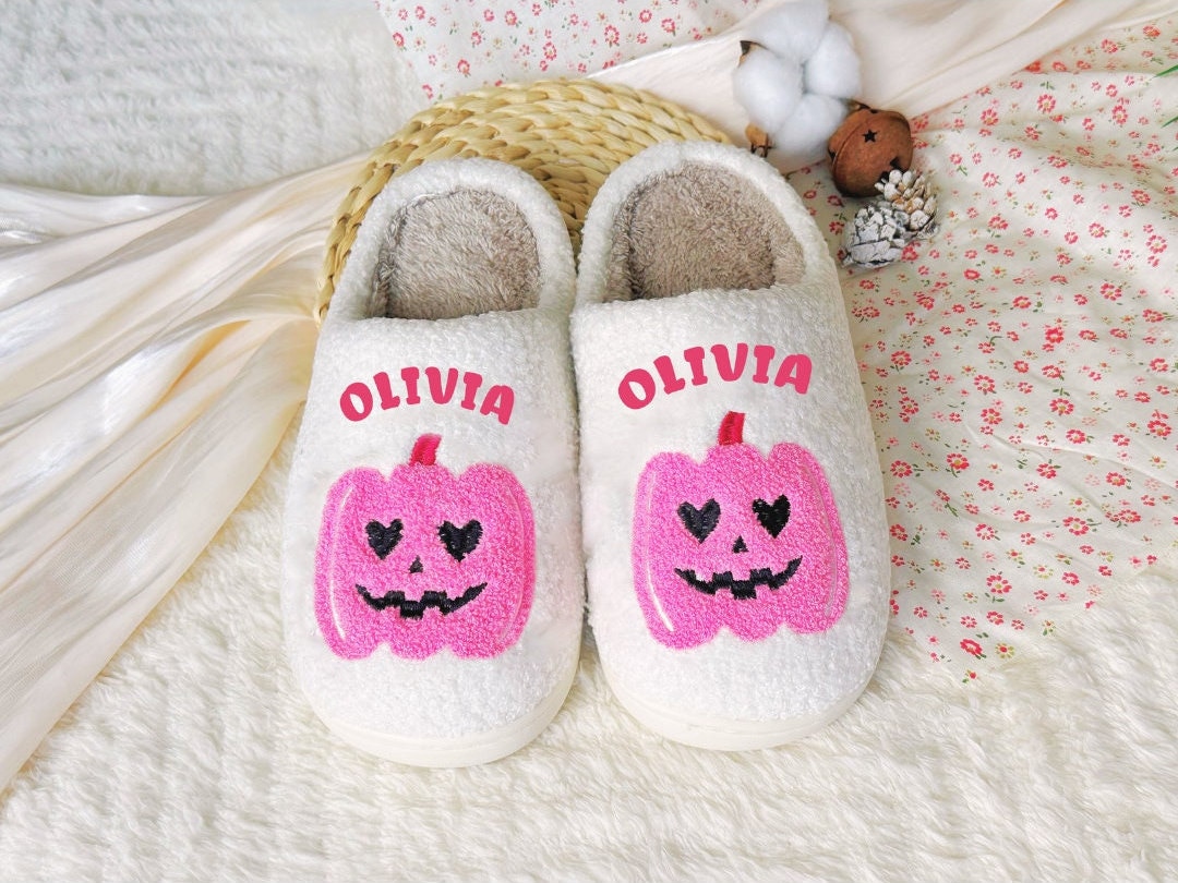Custom Pink Pumpkin Slippers|Pink Halloween Decor|Halloween Slippers Girls|Fall Slippers|Pink Lover|Retro Halloween Slippers|Girly Halloween