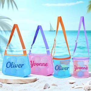 Kinder Mesh Strandtasche Set, Sandsack, Schätze Tasche, personalisierte Name Muscheltaschen, Strandtasche, Sommertasche, Reisetasche, perfekt für den Urlaub