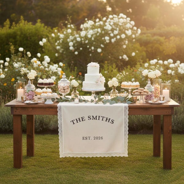 "Hochzeitstischschild, Benutzerdefinierte Leinen Last Name Schild, personalisierte Tischläufer, Hochzeit Banner, Braut Esstisch