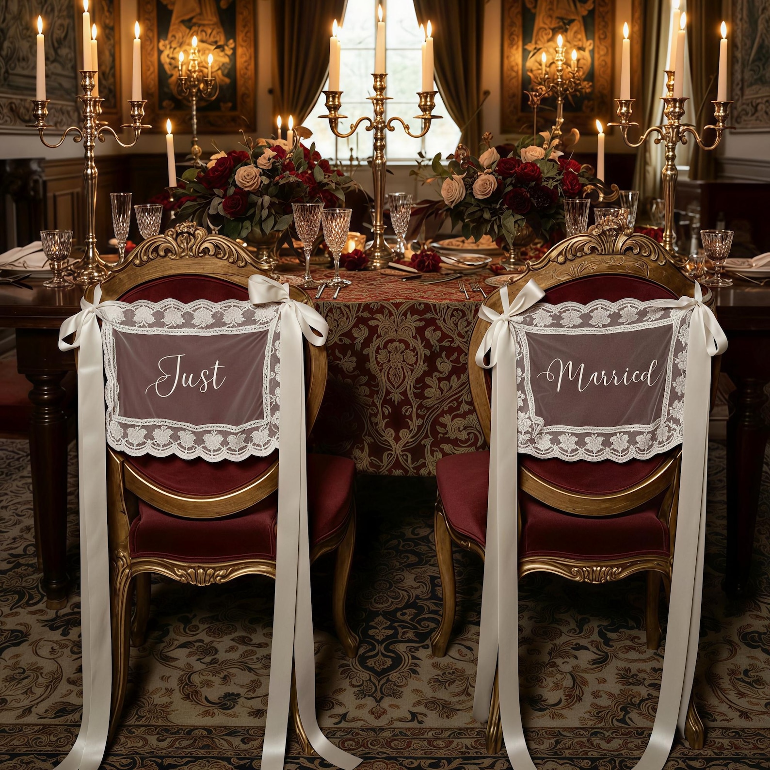 Personalized Lace Just Married Chair Sign for Bride & Groom