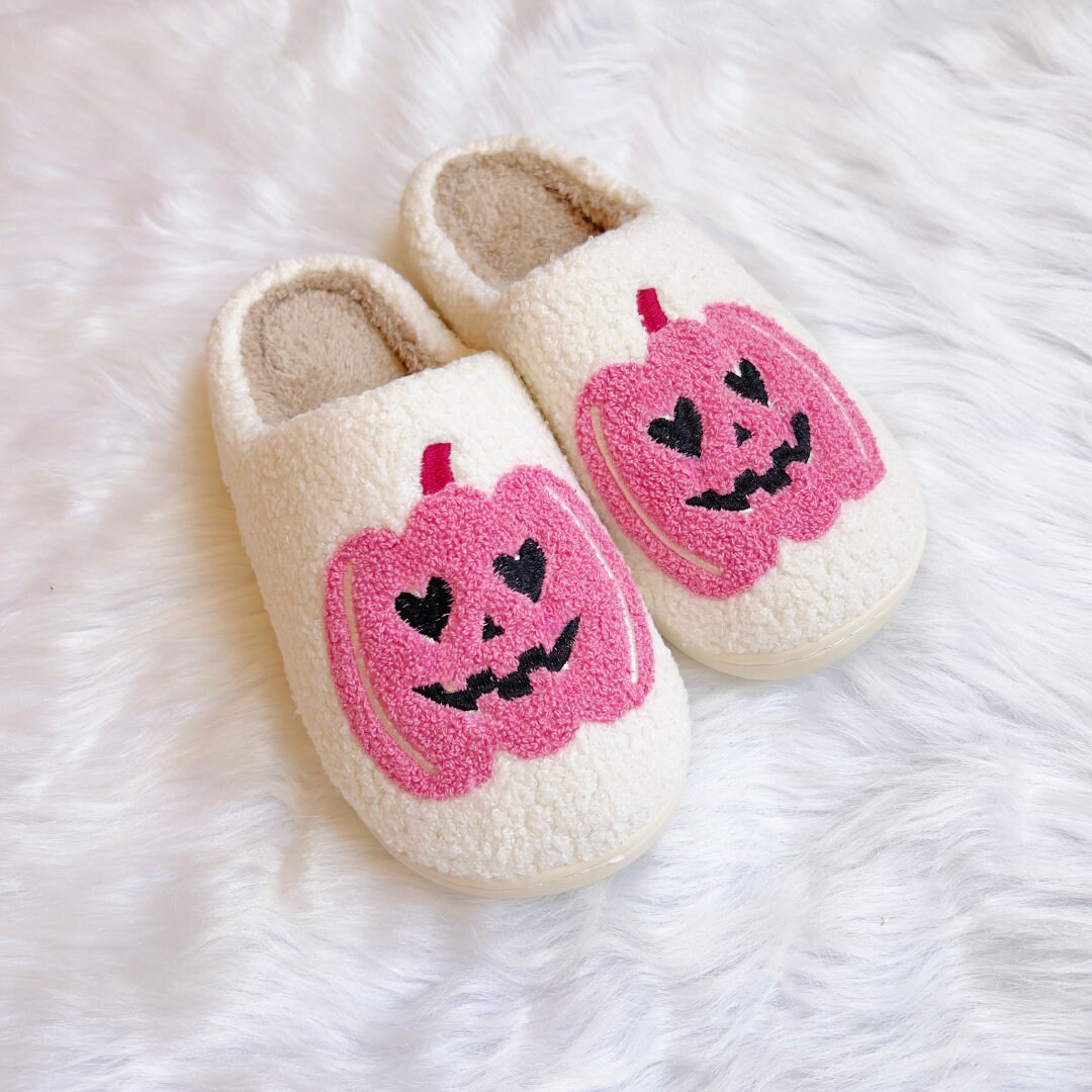 Custom Pink Pumpkin Slippers|Pink Halloween Decor|Halloween Slippers Girls|Fall Slippers|Pink Lover|Retro Halloween Slippers|Girly Halloween