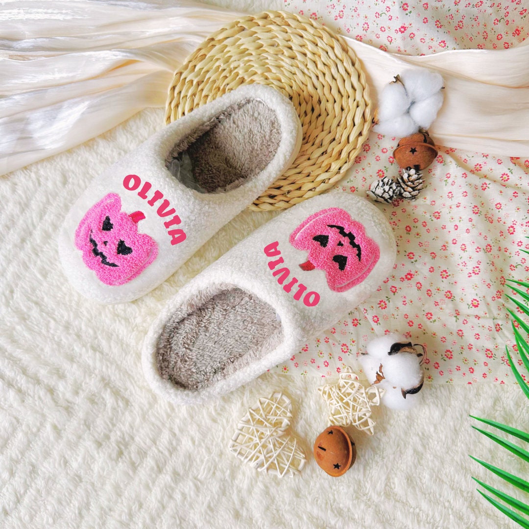 Custom Pink Pumpkin Slippers|Pink Halloween Decor|Halloween Slippers Girls|Fall Slippers|Pink Lover|Retro Halloween Slippers|Girly Halloween