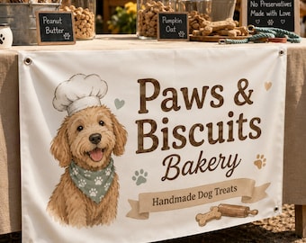 Custom Dog Bakery Vendor Booth Banner, Paws & Biscuits Logo, Handmade Dog Treats Market Stall Sign, Fabric with Grommets