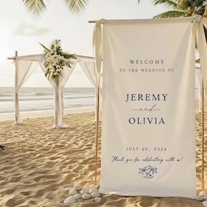 Könnte beinhalten: Ein Hochzeitsschild am Strand mit dem Text "WELCOME TO THE WEDDING OF JEREMY and OLIVIA JULY 20, 2024 Thank you for celebrating with us!". Das Schild ist weiß mit marineblauem Text und wird von goldenen Stangen umrahmt. Im Hintergrund befindet sich ein Hochzeitsbogen.