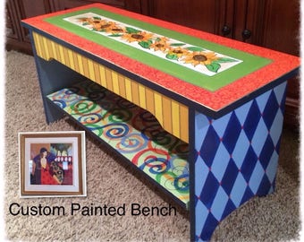Whimsical Painted Furniture, Custom wood bench hand painted whimsical harlequin swirls sunflowers hand painted home decor