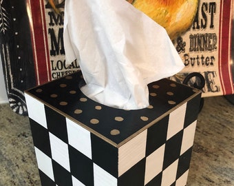 Tissue Box, Hand painted Tissue Box, Square Tissue Holder, Black and White Checkered Tissue Box, Bathroom Tissue Box, Whimsical Panted