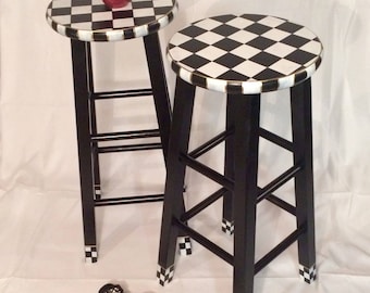 Hand Painted Bar Stool, Whimsical Checkered Home Decor, Black and White