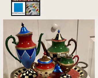 Painted Tea Set // painted Silver Tea Set // Whimsical Painted Tea Set hand painted home decor