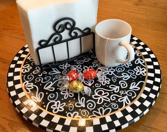 Whimsical Painted Lazy Susan Turntable,  Black White lazy susan, Hand Painted Lazy Susan, Checkered Lazy Susan hand painted home decor