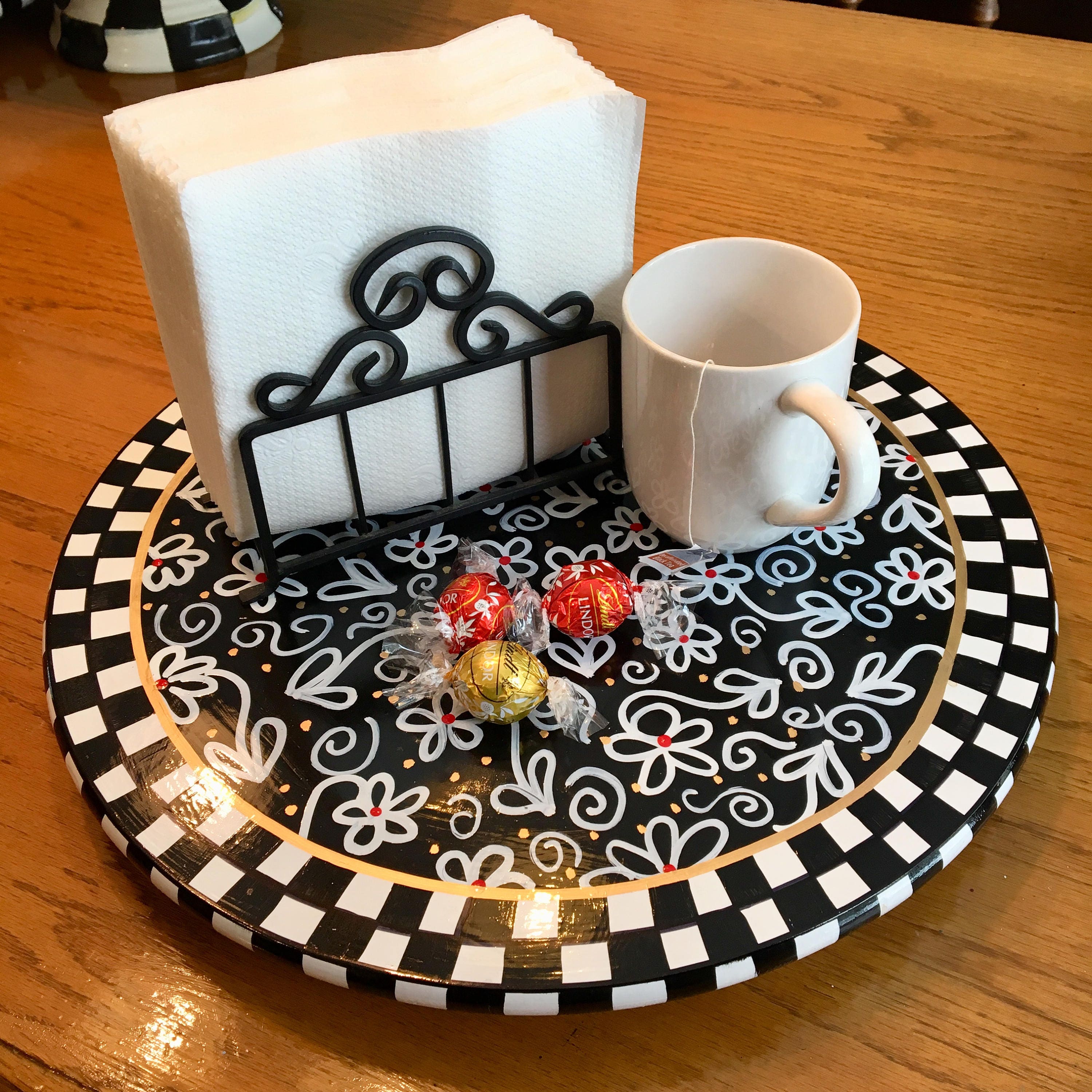 Whimsical Painted Lazy Susan Turntable,  Black White lazy susan, Hand Painted Lazy Susan, Checkered Lazy Susan hand painted home decor