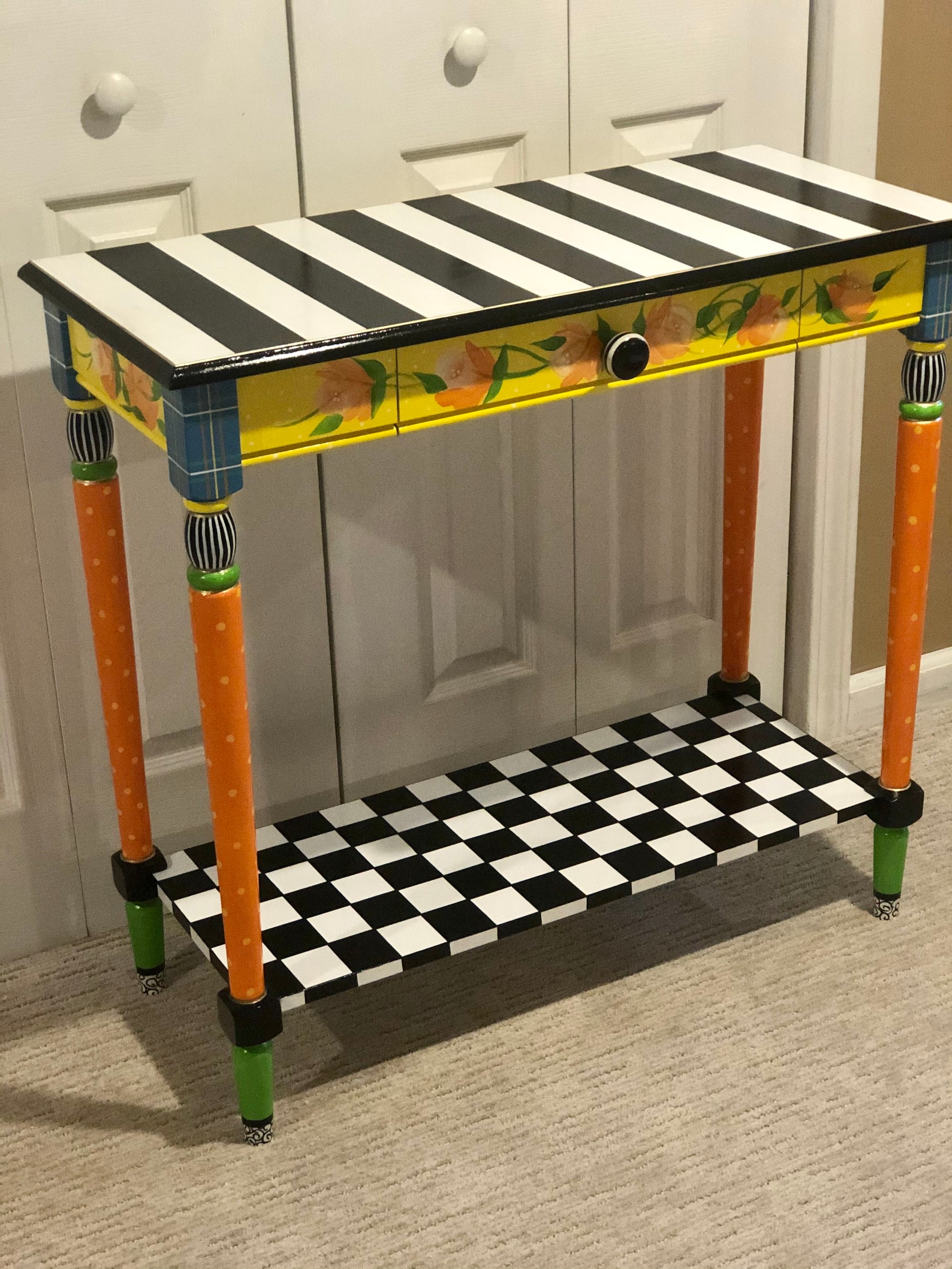 Hand Painted Whimsical Console Table, Black and White Checkered Design