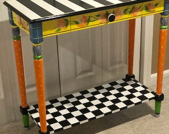 Hand Painted Whimsical Console Table, Black and White Checkered Design