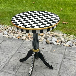 Painted pedestal round accent table, checkered side table,round side table, black and white gold leaf checkered table,Alice wonderland table