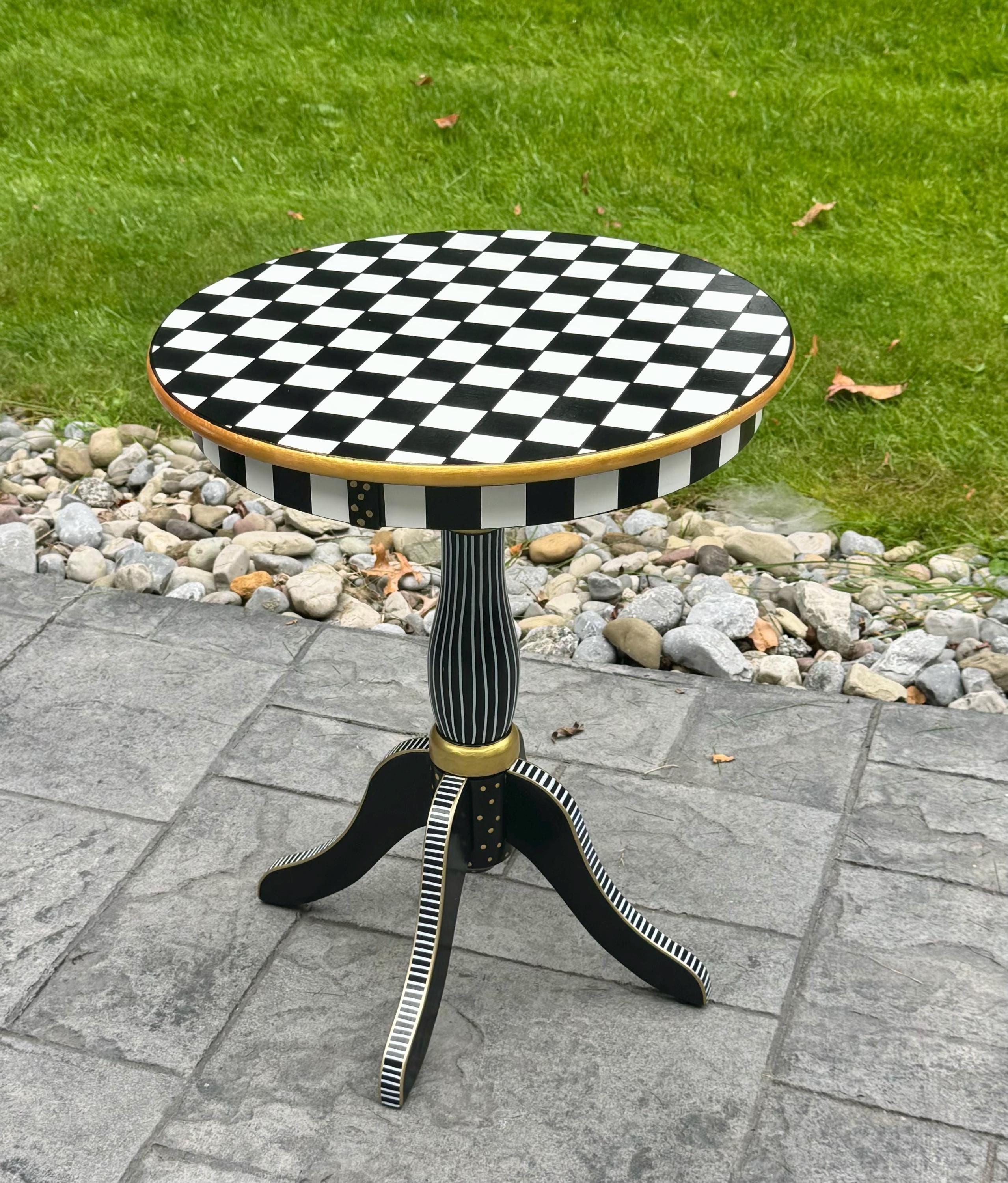 Painted pedestal round accent table, checkered side table,round side table, black and white gold leaf checkered table,Alice wonderland table