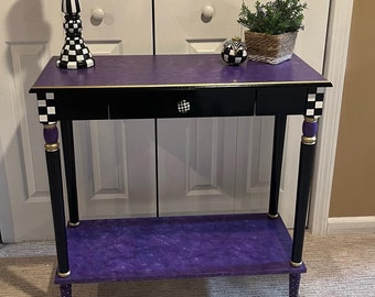 Whimsical Painted Furniture, Hand Painted Console or Sofa Table black white check marbled purple furniture