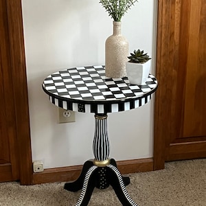 Painted pedestal round accent table, checkered side table, round side table , black and white checkered table, Alice in wonderland table image 2