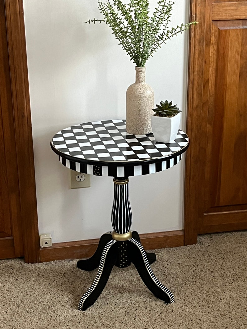 Painted pedestal round accent table, checkered side table, round side table , black and white checkered table, Alice in wonderland table image 2