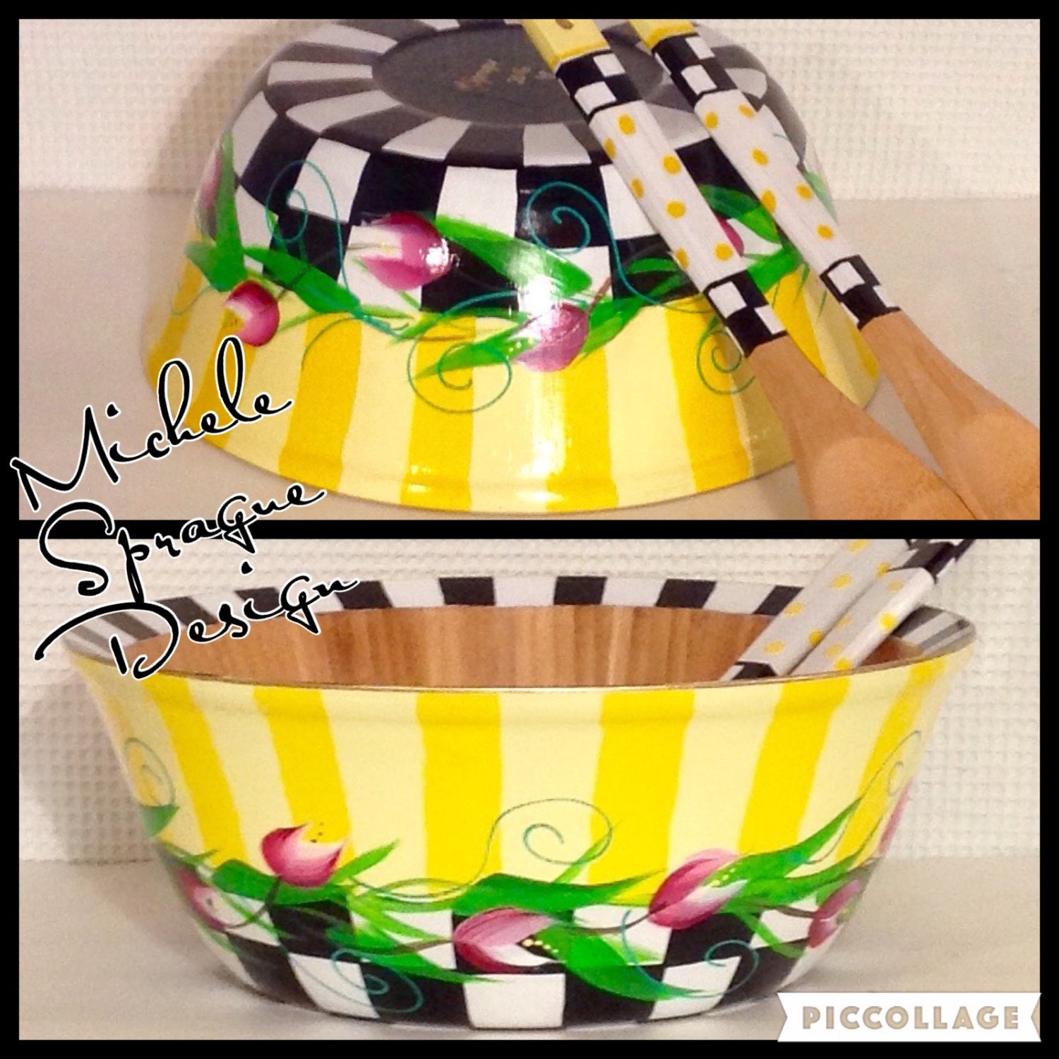 Painted Bowl Painted Salad Bowl Set with utensils 3pc Salad Etsy