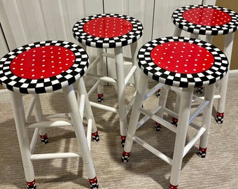 Whimsical Cardinal Red Bar Stool, Painted Round Top, 24 inch