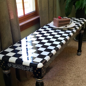 Painted Farmhouse Bench, Black and White Checkered Design, Whimsical Decor image 1